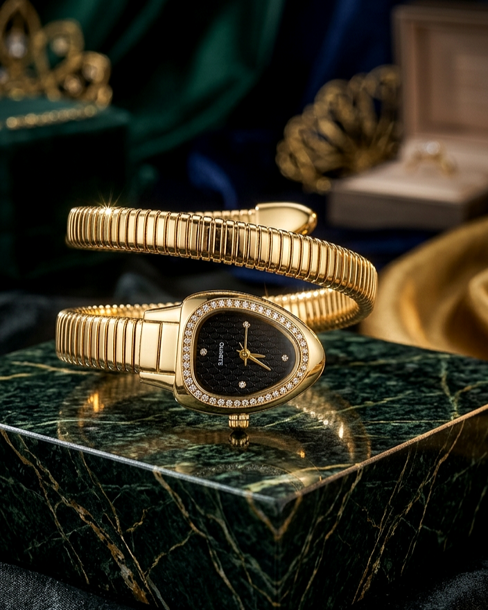Black snake wrap watch — luxury serpent coil bracelet for women by Jija Jewels