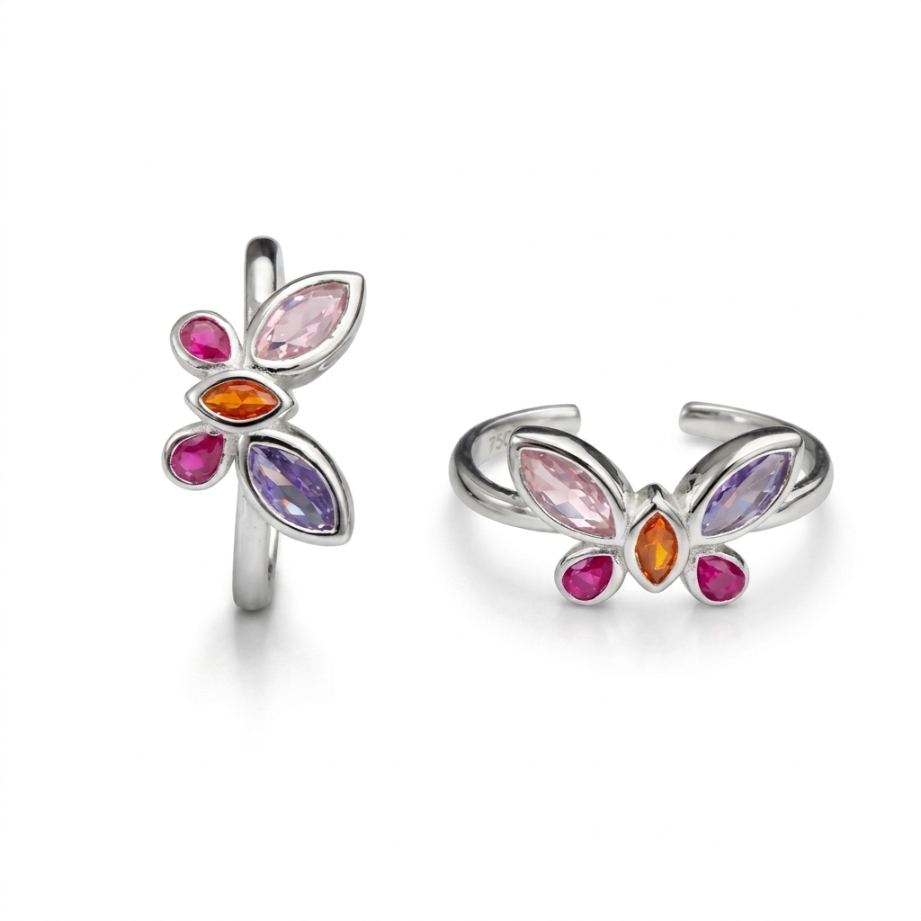 Sterling Silver Butterfly Toe Ring with Pink Sapphire, Ruby, Citrine and Amethyst Gemstones – Adjustable Band – Jija Jewellery
