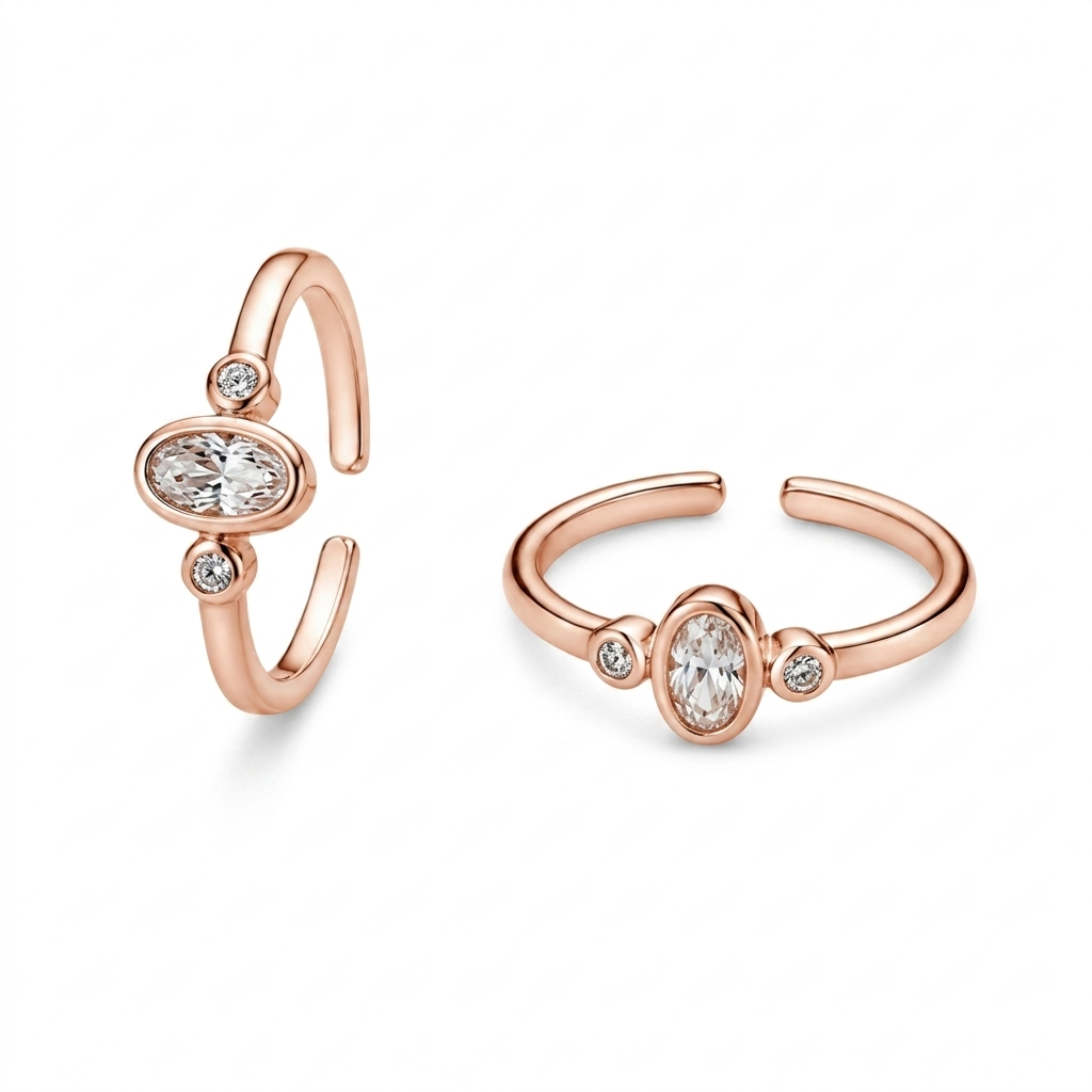 Oval Solitaire Toe Ring with Triple Crystal Bezel Setting in Rose Gold Silver – Jija Jewellery | Open Adjustable Band | CZ Centre Stone | Minimalist Design