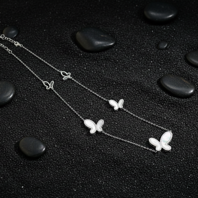 Silver Butterfly Charm Necklace | 925 Sterling | Mother of Pearl