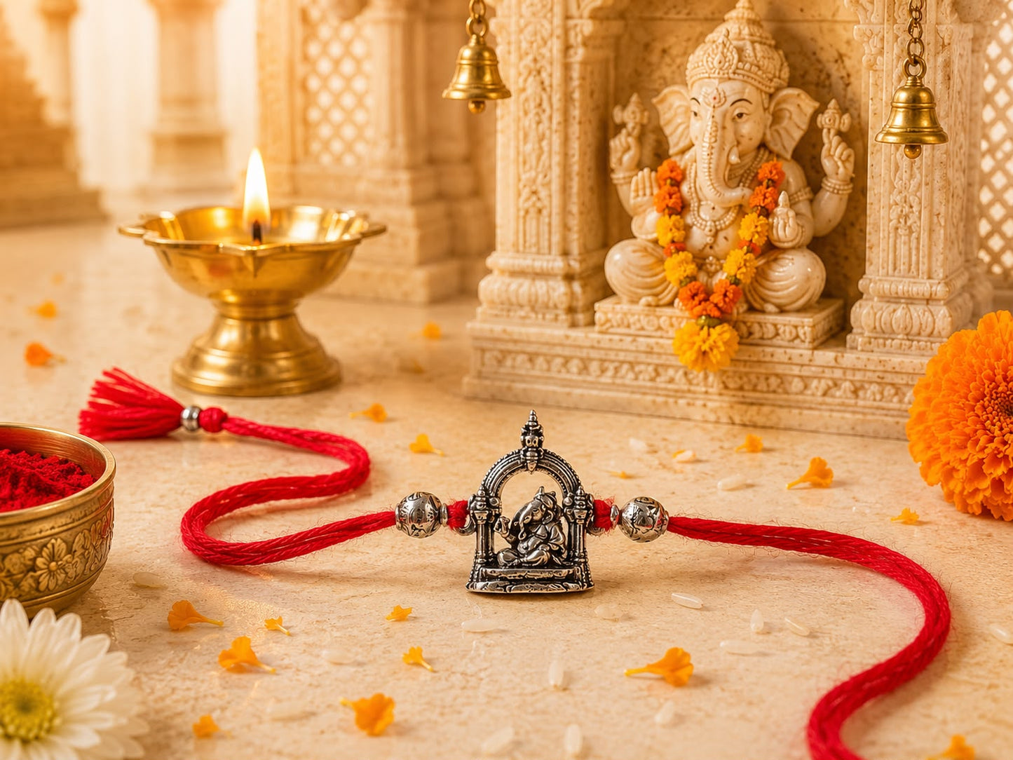 Ganpati enshrined within a prabhaval temple arch, oxidised antique finish rakhi in skin-friendly nickel-free metal, handcrafted by Jija Jewels in Satara