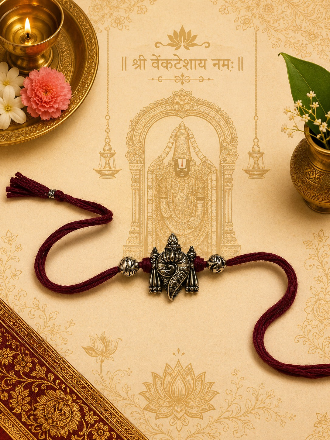 Balaji Venkateshwara rakhi with oxidised antique finish in skin-friendly nickel-free metal, adjustable thread, handcrafted by Jija Jewels in Satara