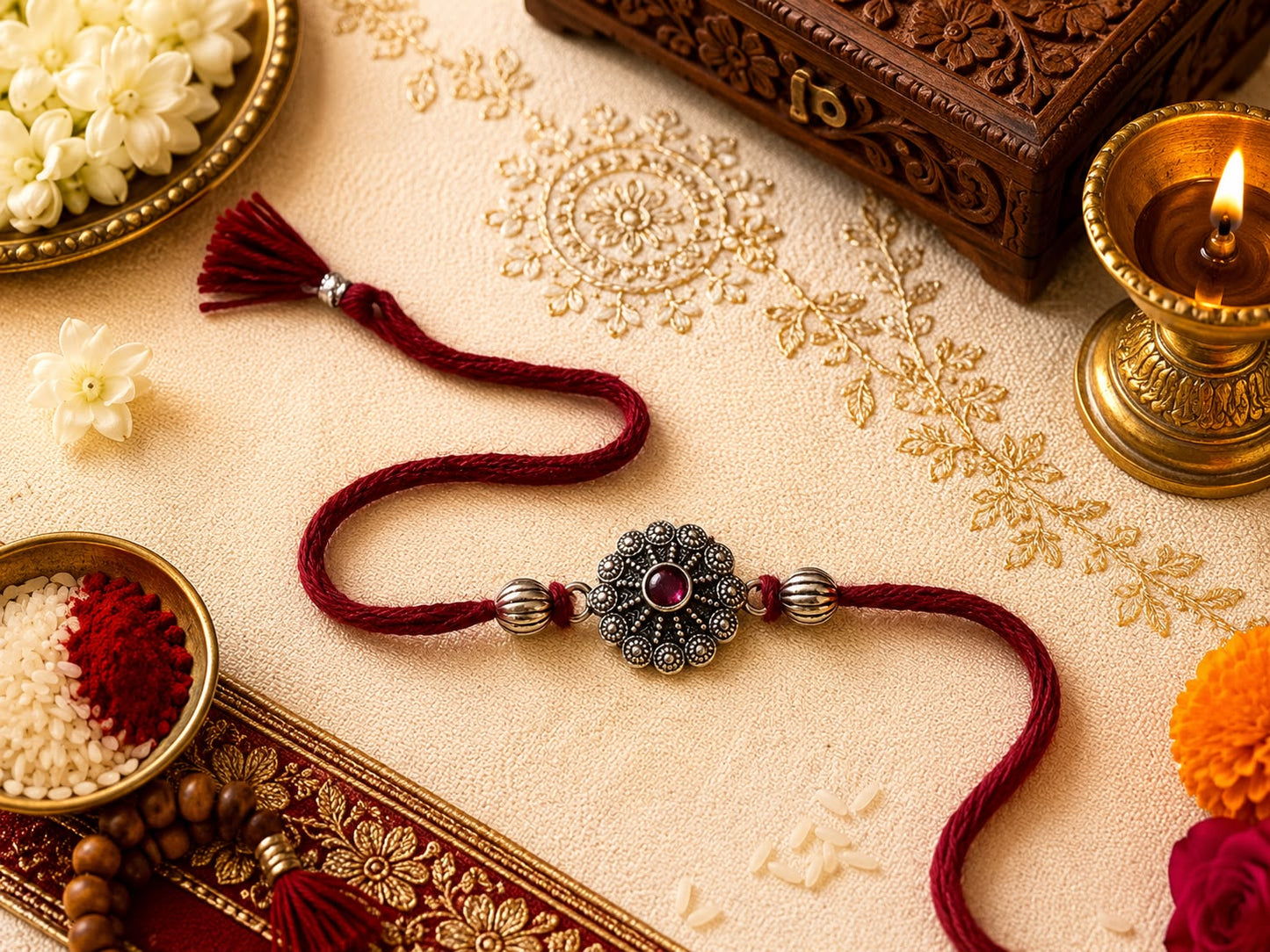 Kamal lotus design oxidised rakhi with antique finish in skin-friendly nickel-free metal, adjustable thread, handmade by Jija Jewels in Satara