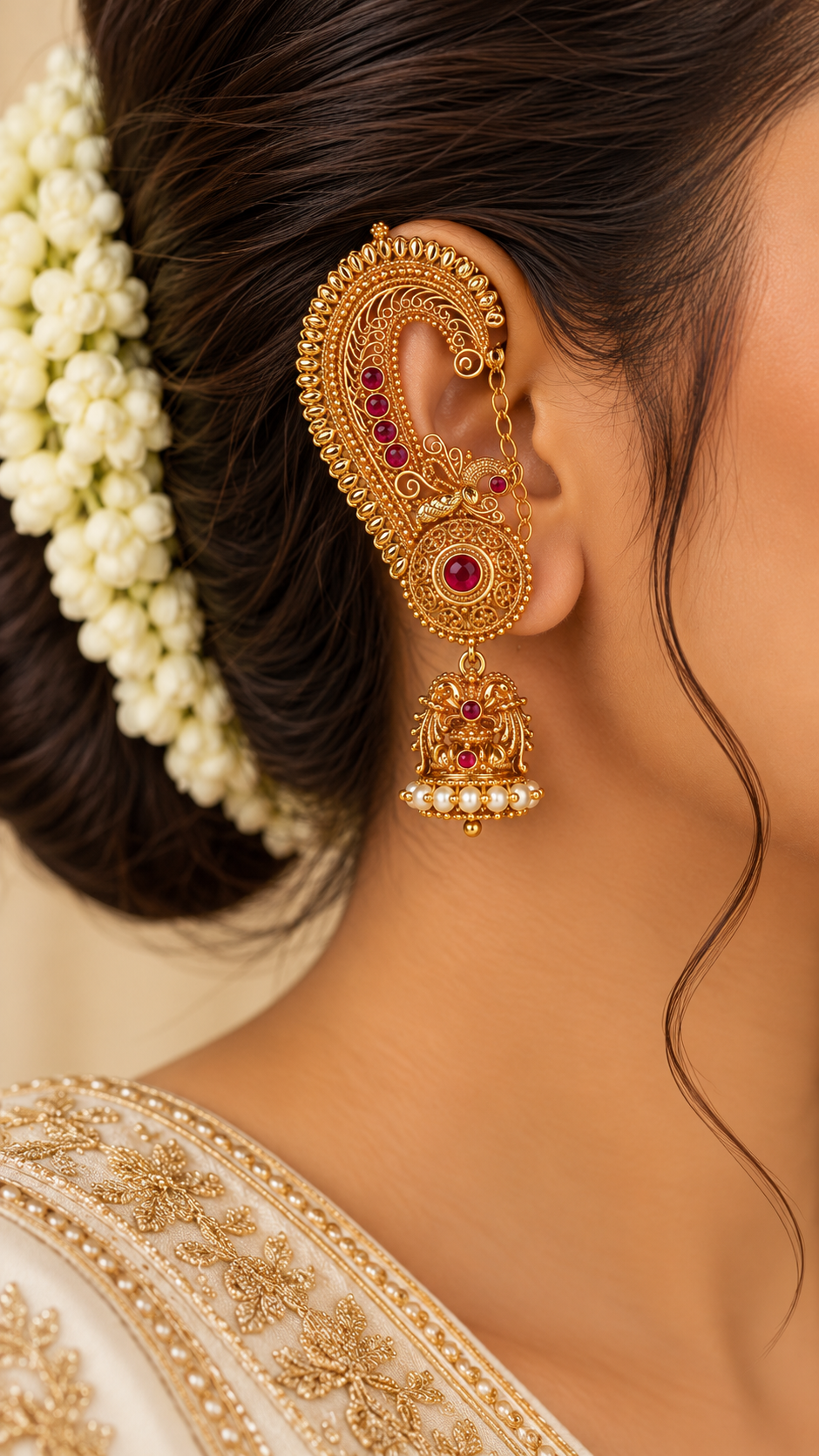 Ruby Stone Filigree Ear Cuff Jhumka Earrings with Chain – Gold Plated – Jija Jewellery