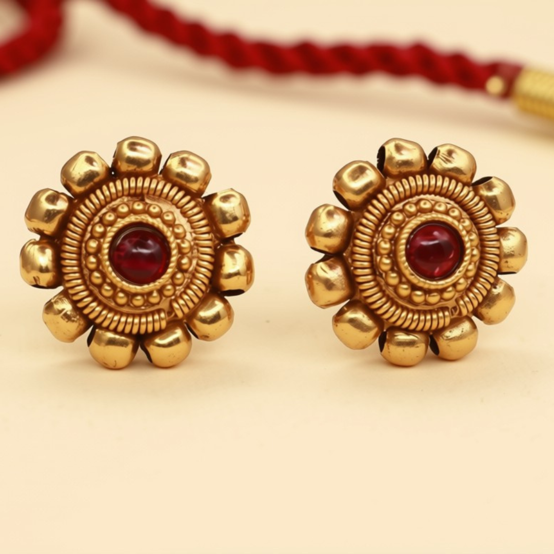 Gold plated floral ruby stud earrings with gold bead petal border - matching earrings for dori choker set