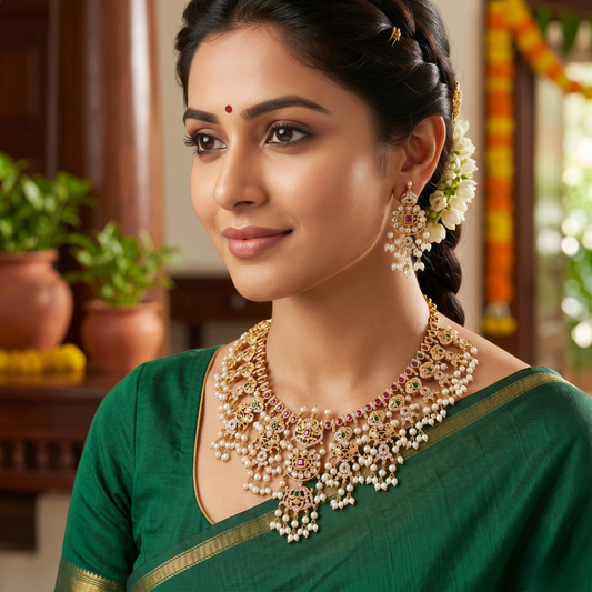 Gold-plated South Indian temple necklace set with intricate detailing for weddings and festive wear