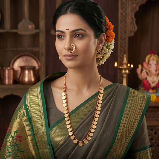 Traditional Maharashtrian Putali Haar gold coin necklace detail with anti-tarnish finish