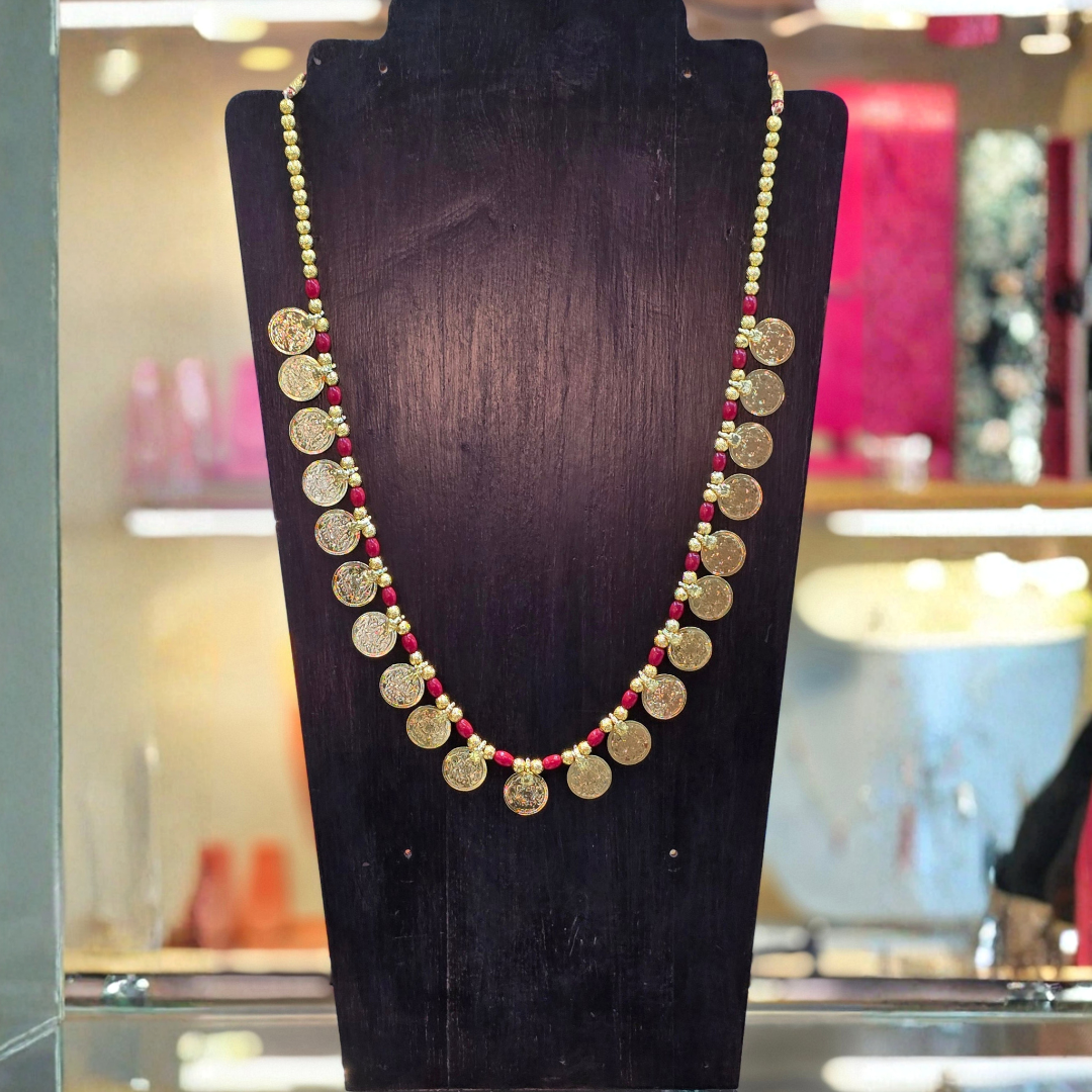 Putali Haar bridal coral bead coin necklace styled for Paithani saree and festive wear