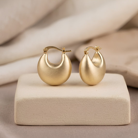 Matte gold chunky teardrop dome hoop earrings, sculptural anti-tarnish dewdrop drops for women