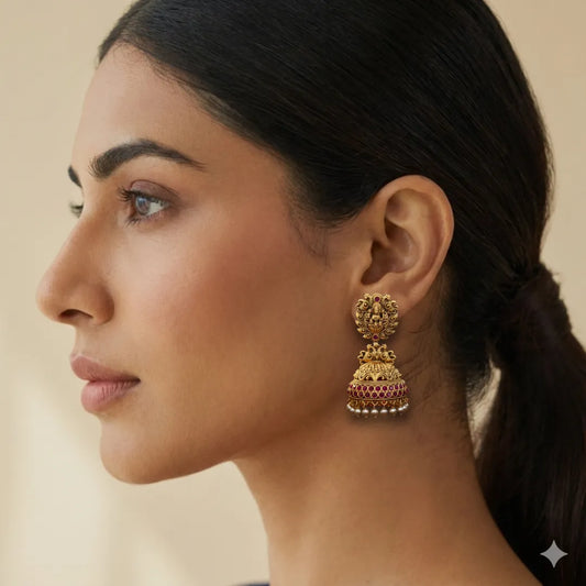Temple Zumka Earrings – Gold Plated | Traditional Temple Design Jhumki for Weddings & Festive Occasions