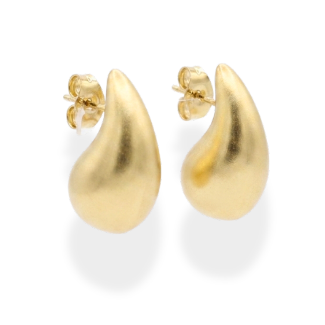 Matte gold teardrop stud earrings side view showing stud post and push-back, anti-tarnish