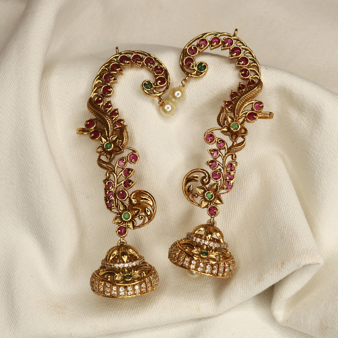 Pair of gold-plated kemp full ear cuffs with floral vine, ruby and green stones and CZ jhumka, traditional Maharashtrian bridal kaan earrings