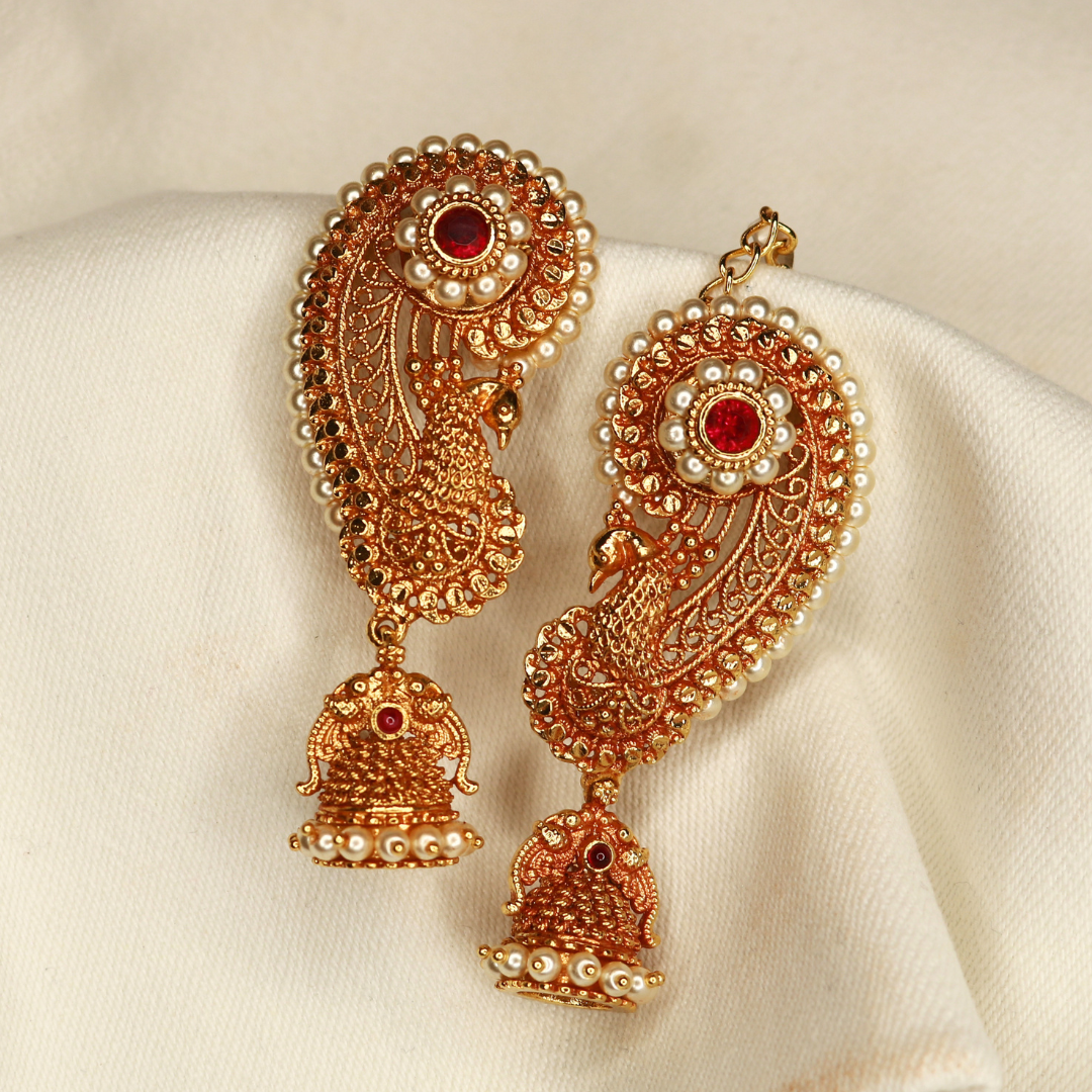 Pair of gold-plated paisley peacock ear cuffs with pearl fringe jhumka drop, traditional Maharashtrian bridal earrings