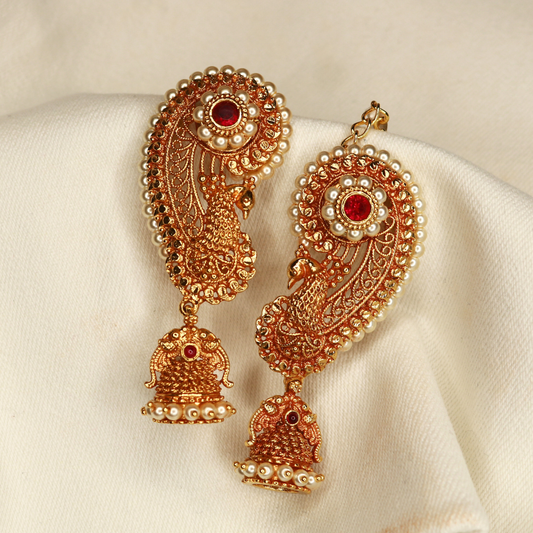 Pair of gold-plated paisley peacock ear cuffs with pearl fringe jhumka drop, traditional Maharashtrian bridal earrings