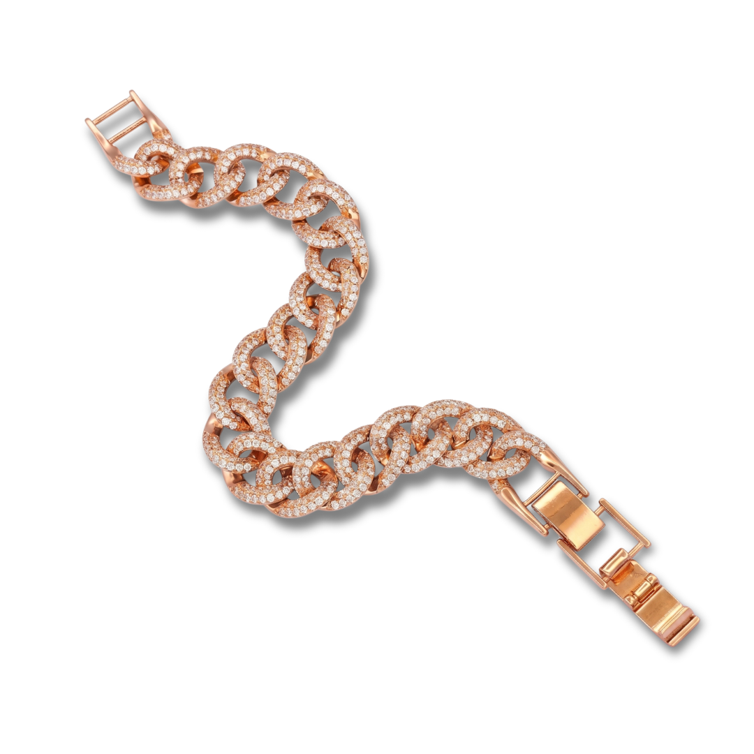 Luxury inspired rose gold CZ stone party wear bracelet styled on wrist by Jija Jewellery