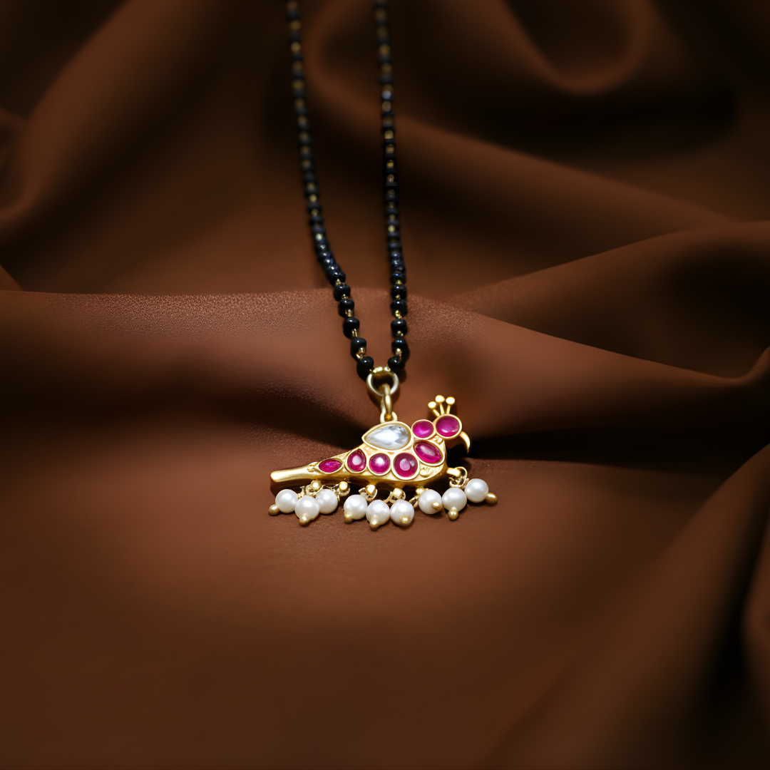 Peacock Mangalsutra – Gold Foil Work | 92.5 Pure Silver | Kundan Studded