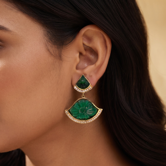 Mystic Jade Drop Earrings | Gold Plated | CZ Stone Ethnic Festive Jewellery