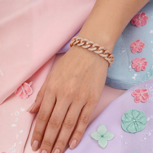 Rose gold plated cubic zirconia bracelet close-up showing diamond look CZ stone setting detail