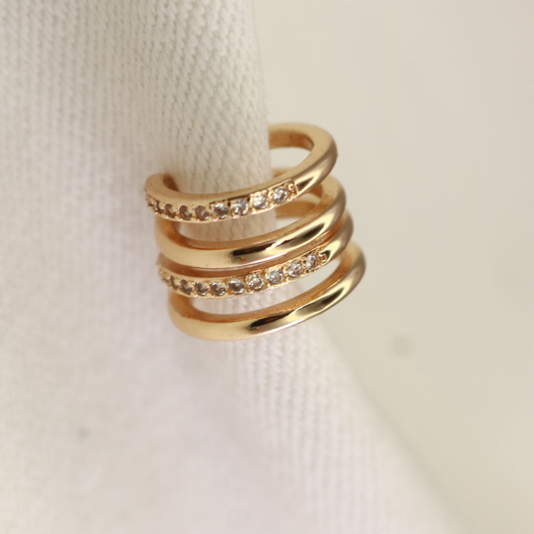 Gold-plated multi-row CZ ear cuff with stacked pavé cubic zirconia bands, press-fit no piercing – Jija Jewellery