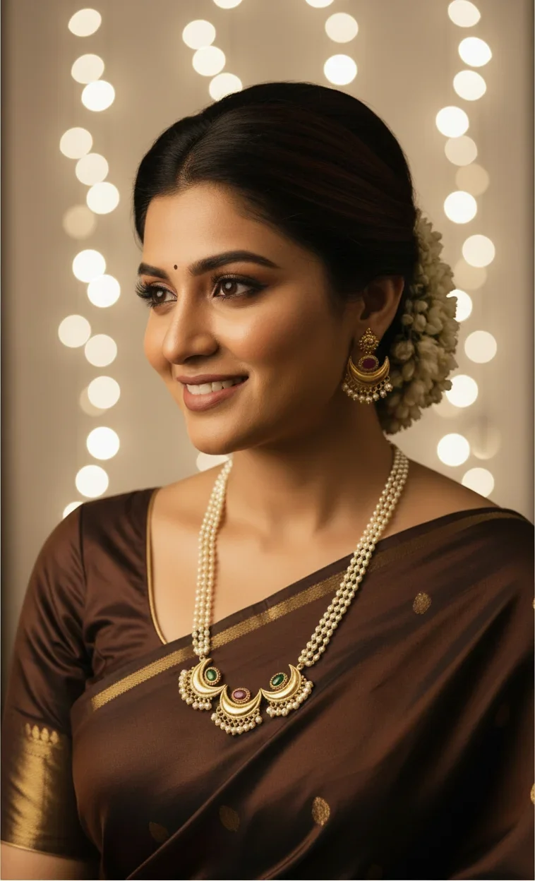 Chandrakor pearl necklace worn with traditional saree and gajra – festive look