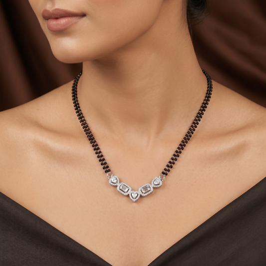 CZ Silver Mangalsutra Front View – Rhodium Plated 925 Sterling Silver with Diamond-like CZ Stones | Jija Jewellery