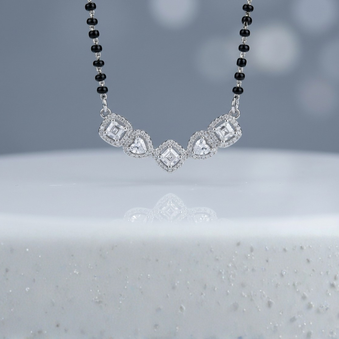 CZ Silver Mangalsutra Close-up – Cubic Zirconia Studded Pendant on 925 Silver Chain | Handcrafted in Satara | Jija Jewellery