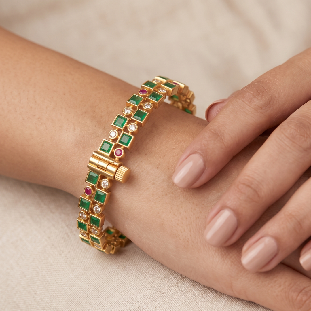 Emerald green ruby checkerboard gold plated bangles