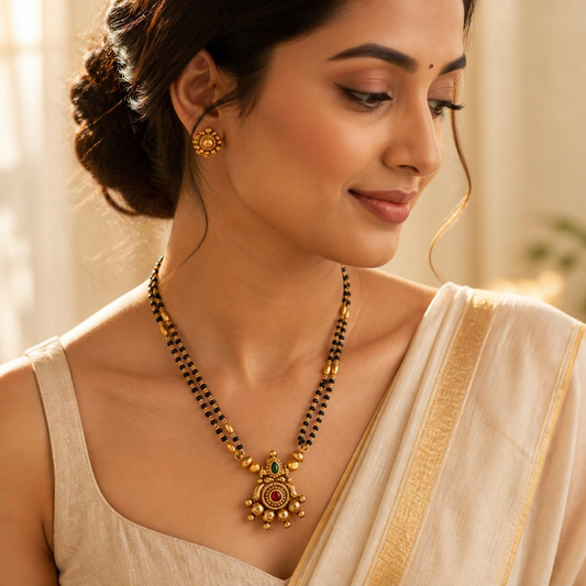 Woman wearing antique gold plated emerald ruby star pendant mangalsutra with double strand black beads and a cream saree – bridal and festive look