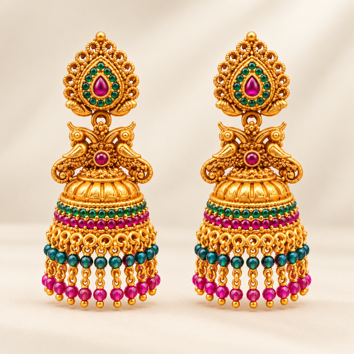 Gold-plated peacock jhumka earrings with bell drops and pink and green bead tassels – Jija Jewellery