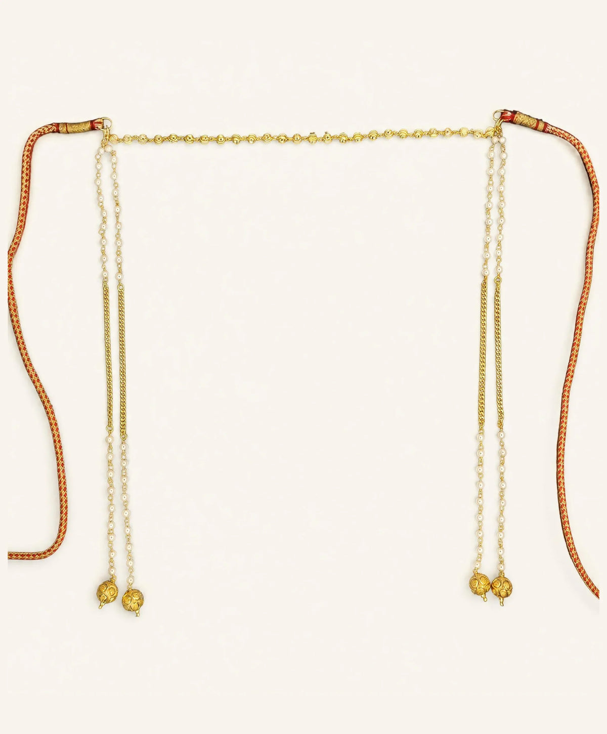 Gold pearl Mundavalya for wedding – gold bead band, moti pearl strands, gold chain and gold ball drops with braided tie cords – Jija Jewellery