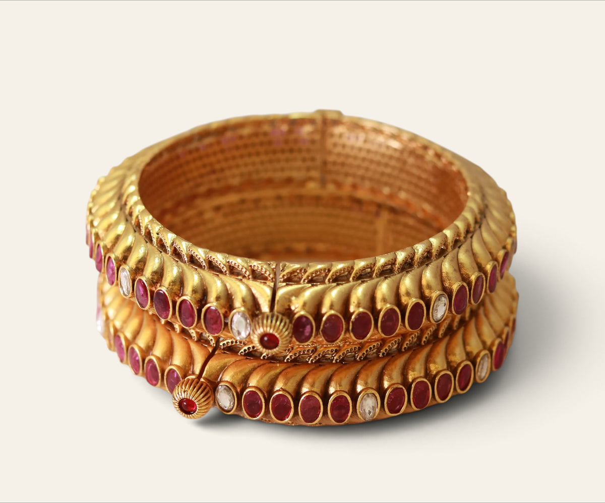 Kundan bangles with red ruby stones – gold plated openable kada pair for weddings