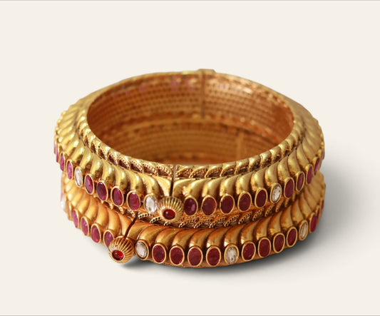 Kundan bangles with red ruby stones – gold plated openable kada pair for weddings