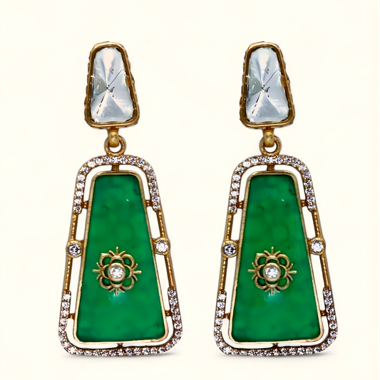 Kundan Emerald Stud Earrings Front View – 22K Gold Plated Ethnic Festive Jewellery | Jija Jewellery