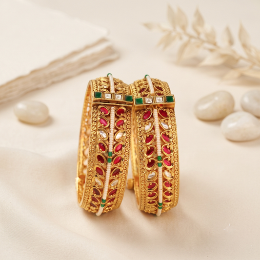 Kundan kada for women in 22KT gold plating with secure screw fitting – openable Kundan bangle