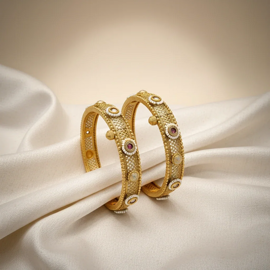 Kundan mesh gold plated bangles with Meena work on ivory satin