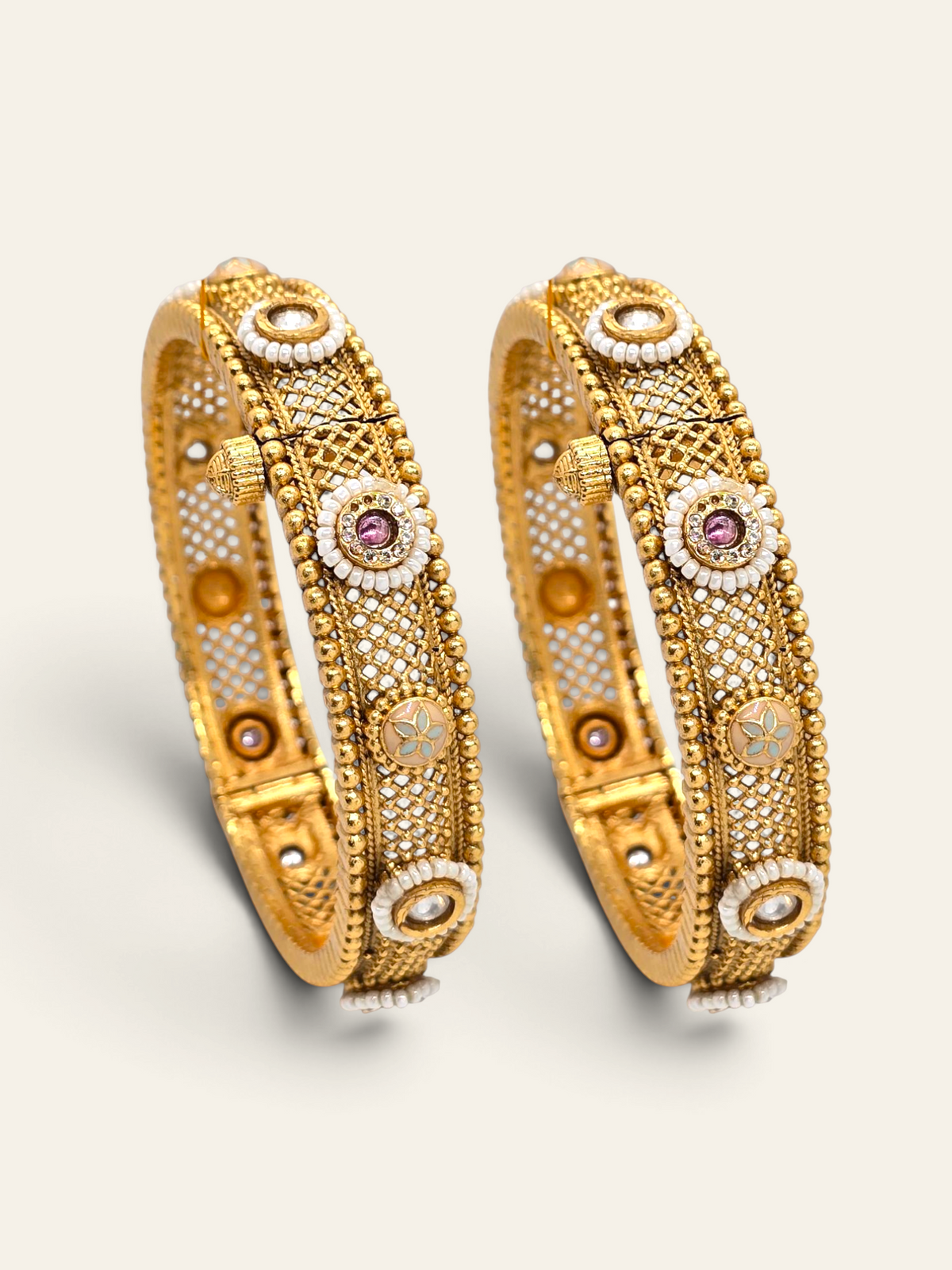 Jija Jewellery gold plated bangles with intricate mesh design, Meena work, and sparkling Kundan stones.