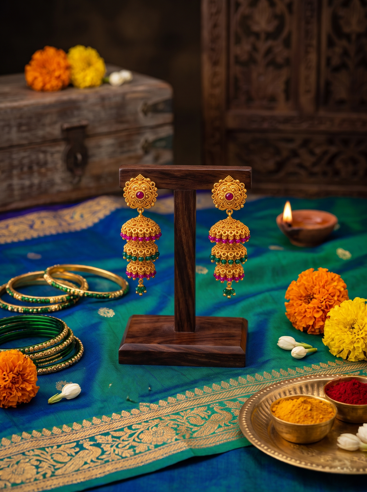 Gold-plated layered jhumka earrings with pink and green bead fringes, styled for festive wear – Jija Jewellery