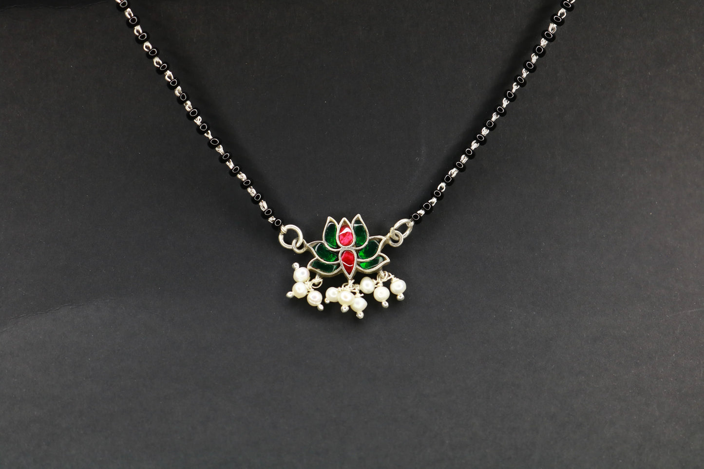 Lotus Mangalsutra Close-up – Kundan & Precious Stones on 925 Silver Chain | Handcrafted in Satara | Jija Jewellery