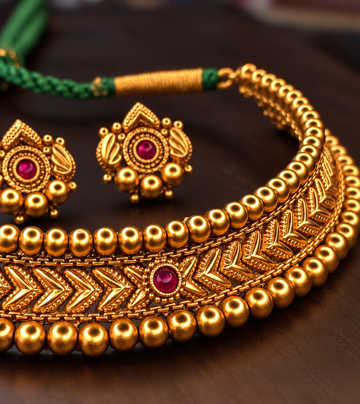 Maharashtrian thushi choker necklace with matching ruby earrings – gold plated bridal jewellery set