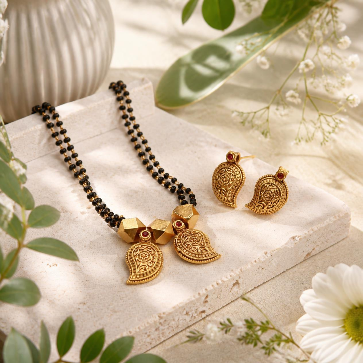 Close-up of antique gold paisley mango mangalsutra pendants with hand-engraved floral scroll motifs and deep red ruby cabochon detail