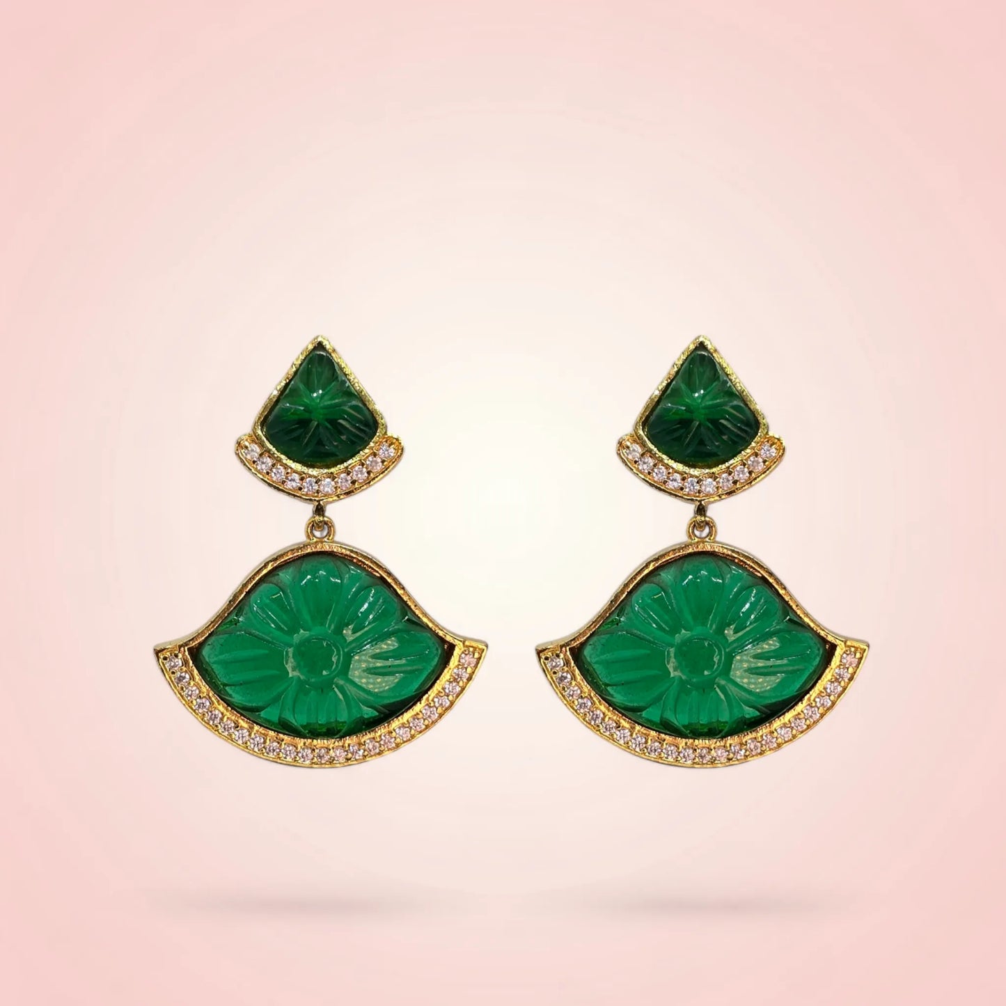 Mystic Jade Drop Earrings Worn – Jade Green CZ Stone Ethnic Earrings Handcrafted in Satara | Jija Jewellery