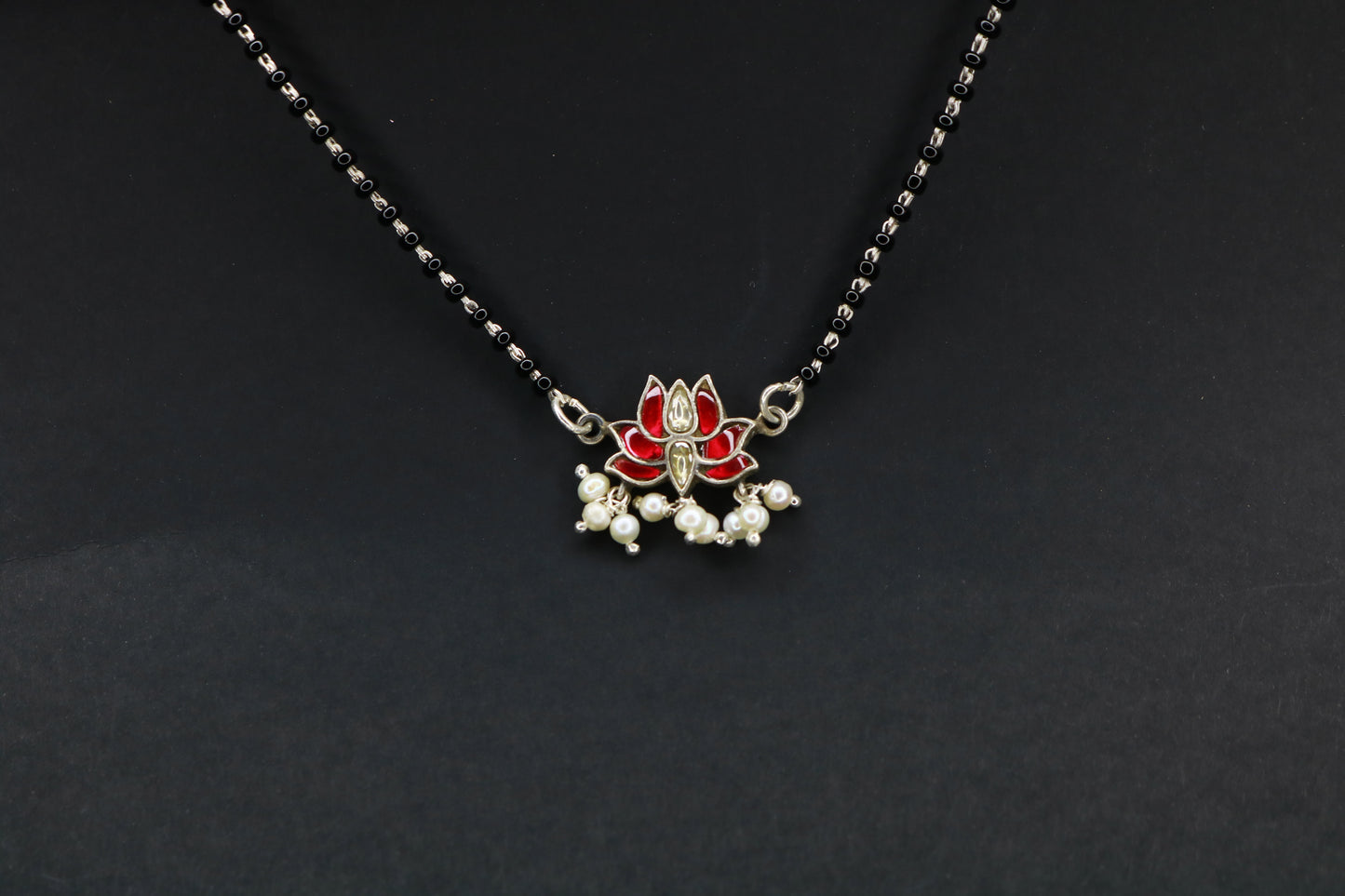 Handcrafted Silver Lotus Mangalsutra with Kundan