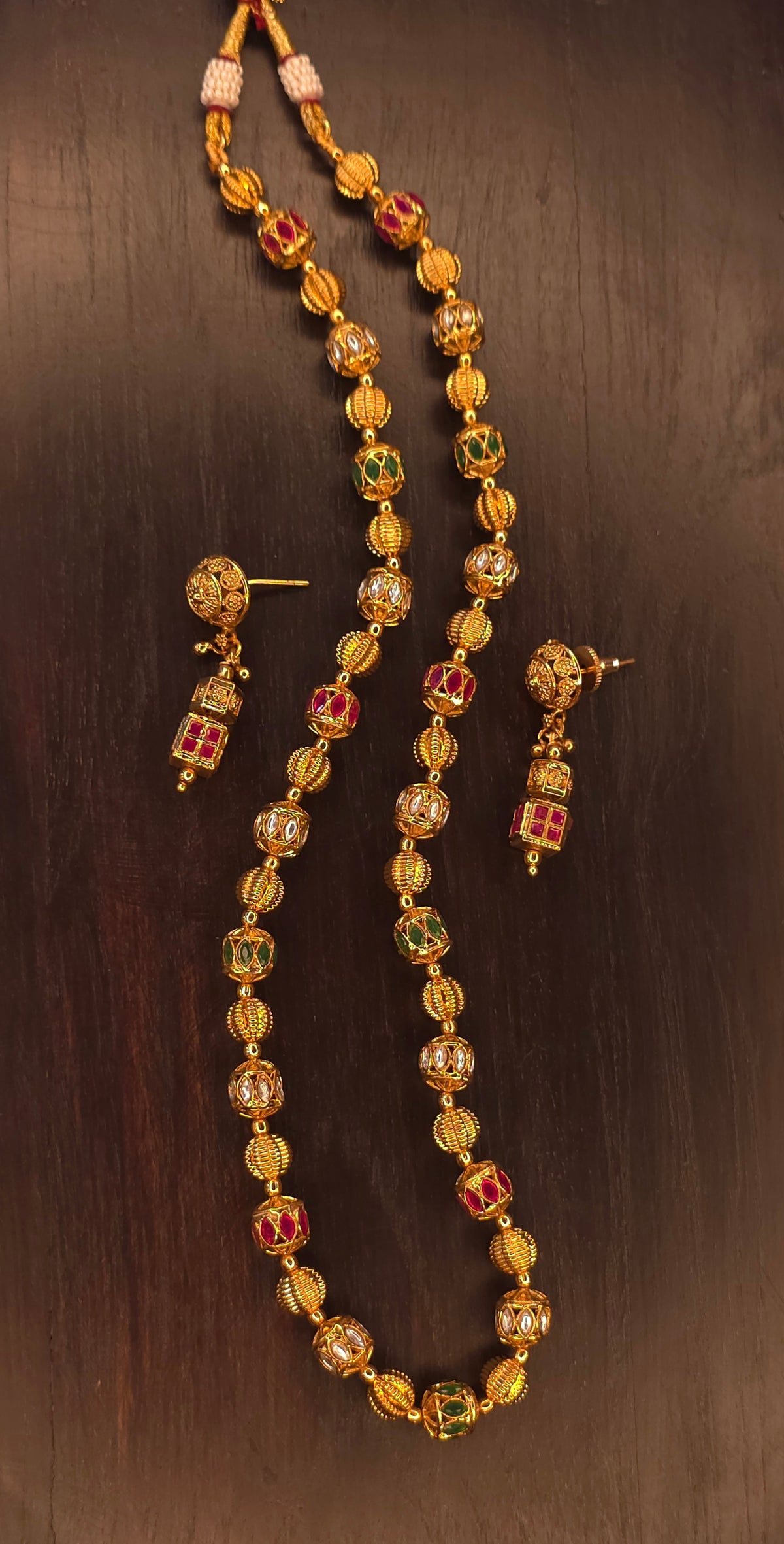 Long antique gold plated meenakari bead necklace set with red, green and white enamel beads and matching square drop earrings – Jija Jewellery