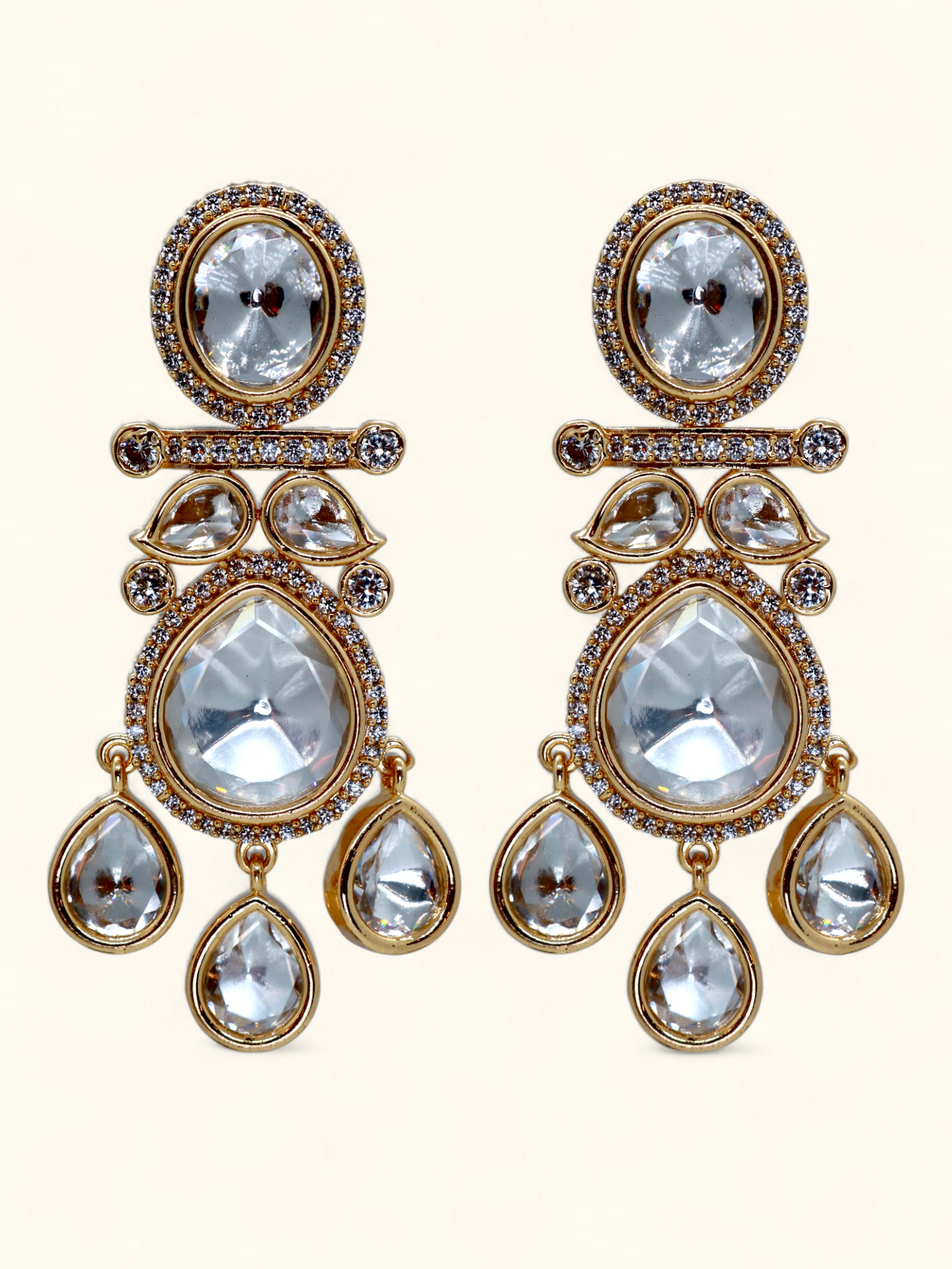 Multi Dangling Zumka Earrings with gold plating and clear stones, perfect for weddings and special occasions from RNJewel.