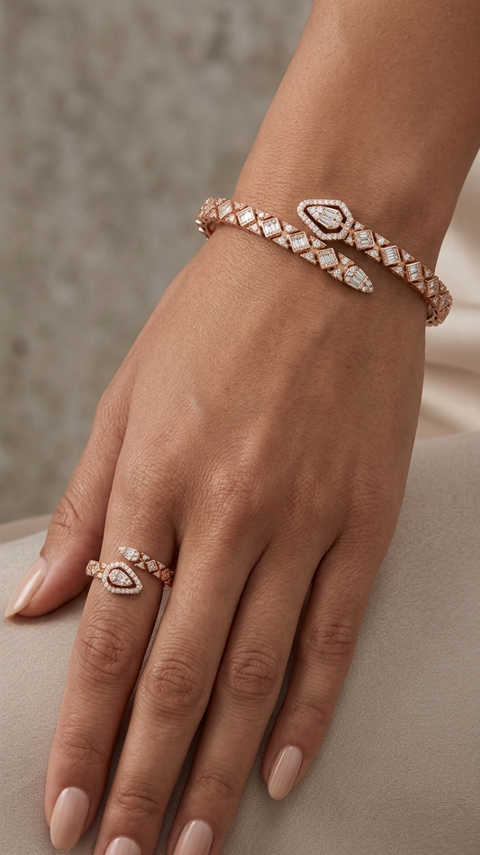 Luxe Aura Silver Bracelet & Ring Set (Rose Gold Plated)