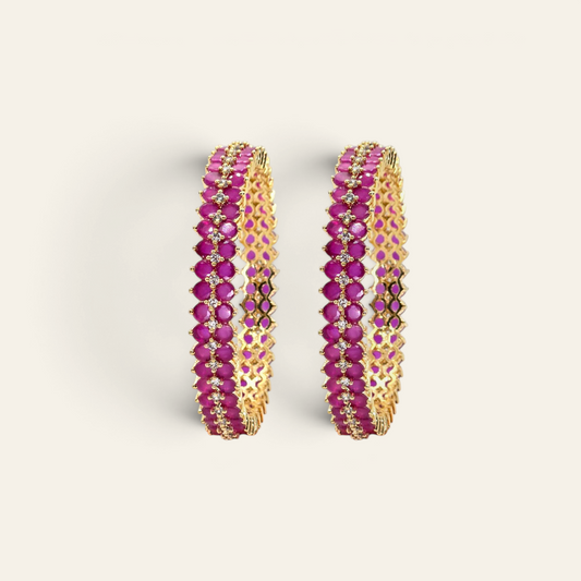 Jija Designer Jewellery Ruby Bangle Set - Gold Plated with CZ White Stone Accents