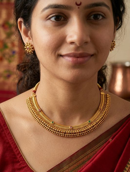Kolhapuri Thushi Heritage Necklace Set – Gold Granule Cluster Choker with Matching Stud Earrings – Side View