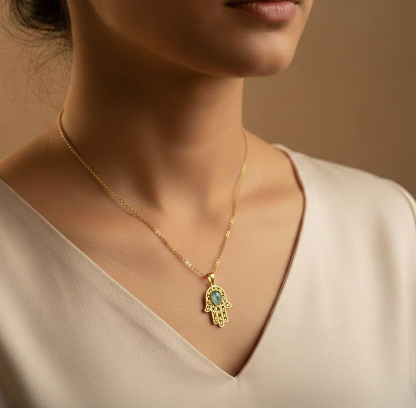 Hamsa Hand Protection Pendant Chain | Gold Plated Evil Eye Jewelry