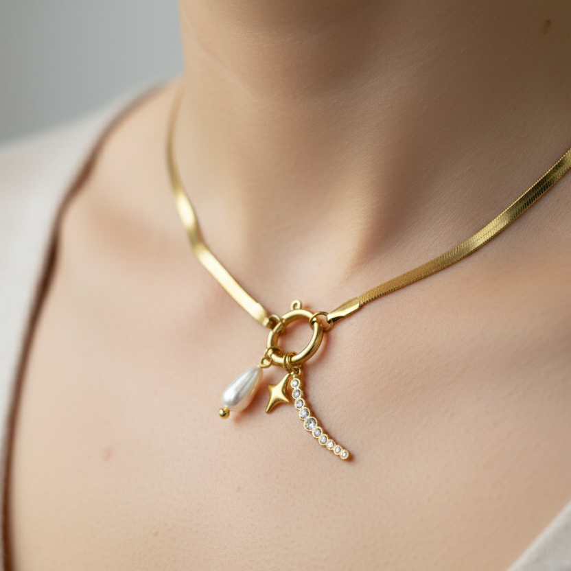 Star & Pearl Charms Pendant Chain Necklace | Gold Plated Anti-Tarnish