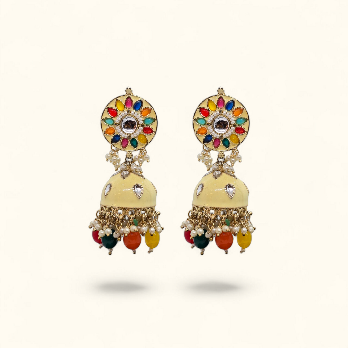 Multi Colour Zumka Earrings Gold Plated With Meena Work And Precious Stones